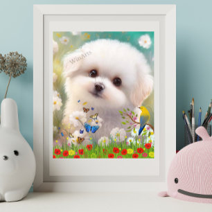 Sött malteser vitt valp hund i Blomster Trädgård K Poster