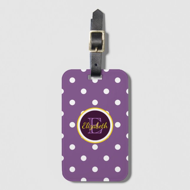 Sött monogram lila prickar bagagebricka (Framsida vertikal)