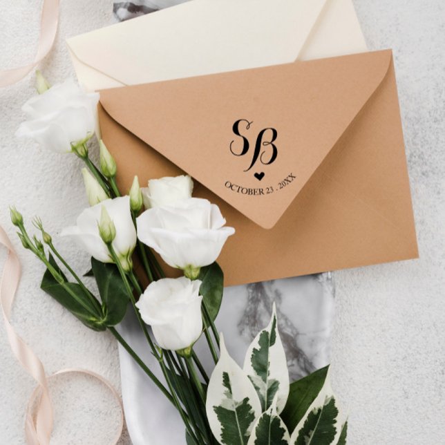 Sött monogramhjärta & bröllopsdatum självfärgande stämpel (Skapare uppladdad)