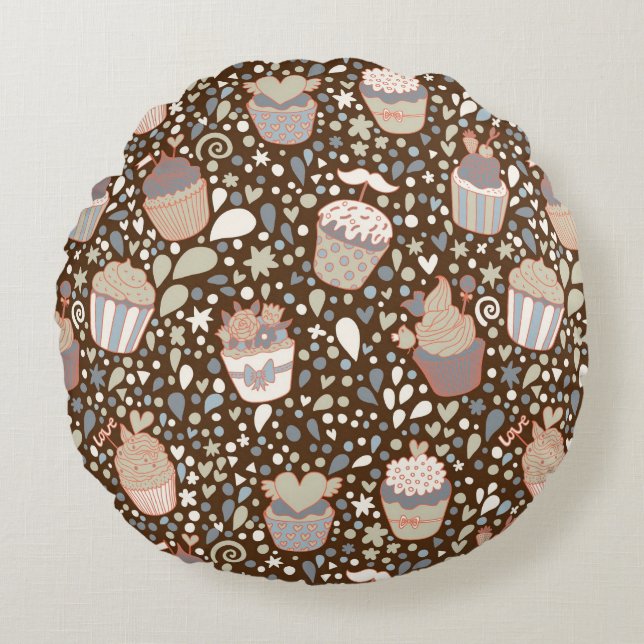 Sött mönster som göras av smaklig muffins rund kudde (Framsidan)