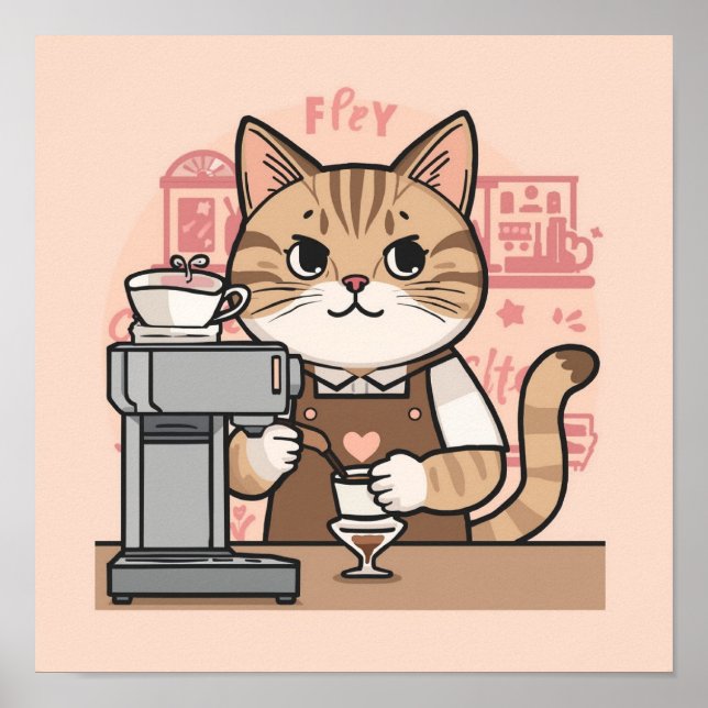 Sött Mysigt Tecknat Kaffepersonal Katt Affisch (Framsidan)