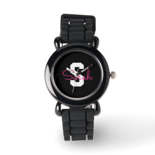 Sött Namn & Monogram Svart Vitt & Rosa Armbandsur