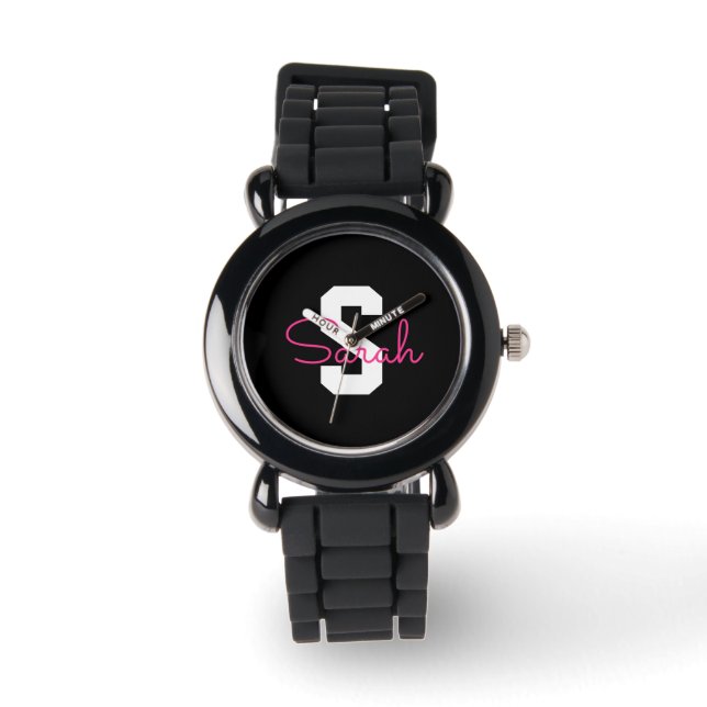 Sött Namn & Monogram | Svart Vitt & Rosa Armbandsur (Framsida)