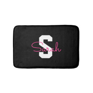 Sött Namn & Monogram | Svart Vitt & Rosa Badrumsmatta