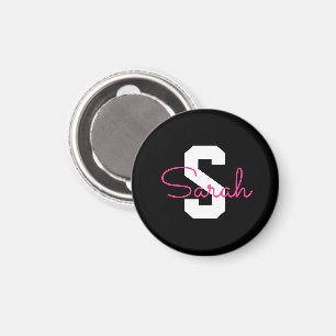 Sött Namn & Monogram   Svart Vitt & Rosa Magnet