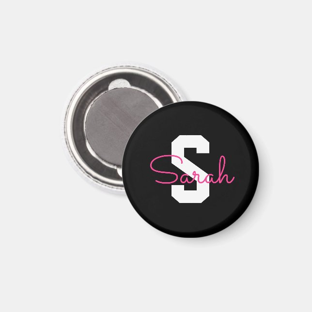 Sött Namn & Monogram | Svart Vitt & Rosa Magnet (Front/Back)