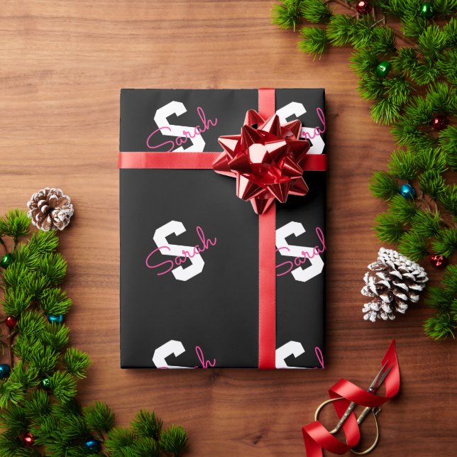 Sött Namn & Monogram | Svart Vitt & Rosa Presentpapper (Julgåva)