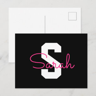 Sött Namn & Monogram Svart Vitt & Rosa Vykort
