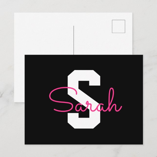 Sött Namn & Monogram | Svart Vitt & Rosa Vykort (Fram/baksida)