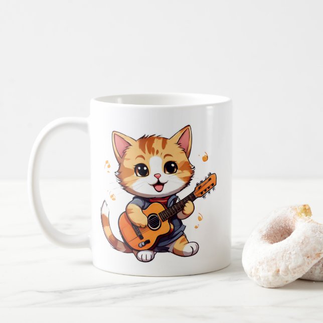 sött och coolt litet katt som spelar gitarr kaffemugg (Med munk)