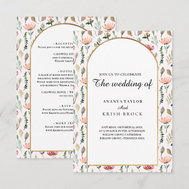Sött och rosa blomsterbröllop inbjudningar (Fram/baksida)