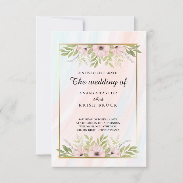 Sött och rosa blomsterbröllop inbjudningar (Framsida)