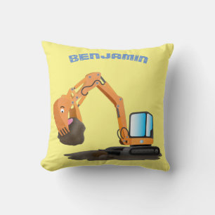 Sött orange grävmaskins tecknad kudde