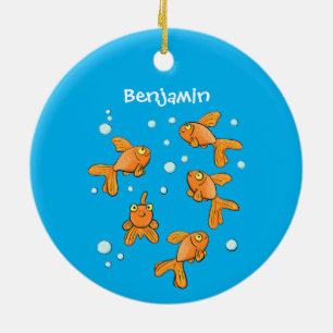 Sött orange guldfisk på blå serieillustration julgransprydnad keramik