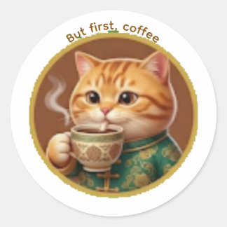 Sött orange katt som dricker te Kaffe-dekal Runt Klistermärke