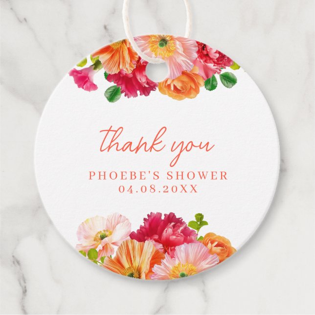 Sött orange och ljust rosa blomsterbröllopsfest gåvor etiketter (Framsida)