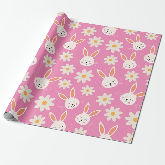 Sött påskhar-mönster med blommor på rosa presentpapper (Utrullad)