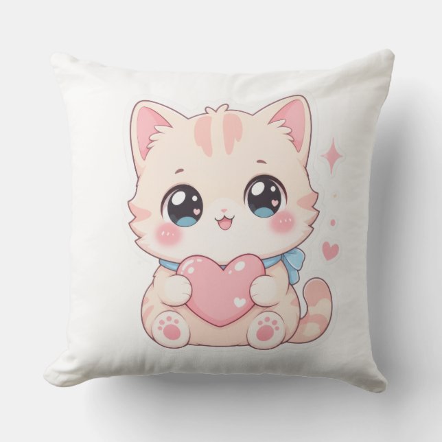 Sött Pastell Katt Rosa Hjärtat Utomhus Kudd Kudde (Framsida)