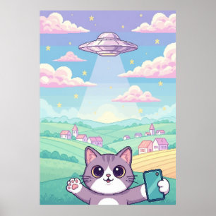 Sött Pixel Art Katt med UFO i Pastell Färgad Himme Poster