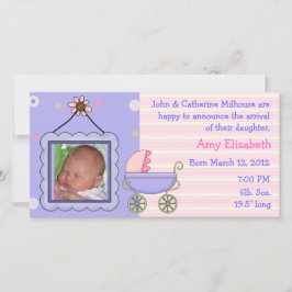 Sött Pram Girl Birth Announcement Photo Card Meddelande