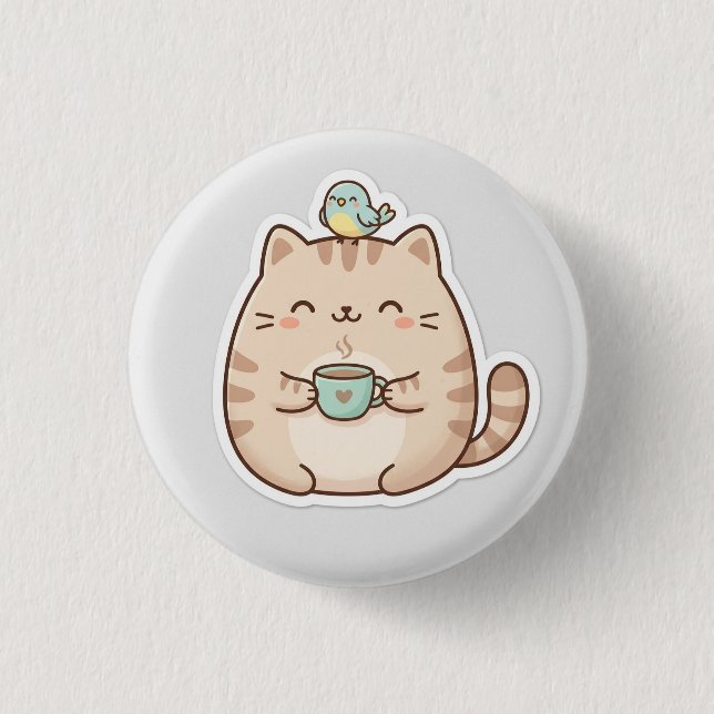 Sött Puffigt Kattkaffe Knapp (Framsida)