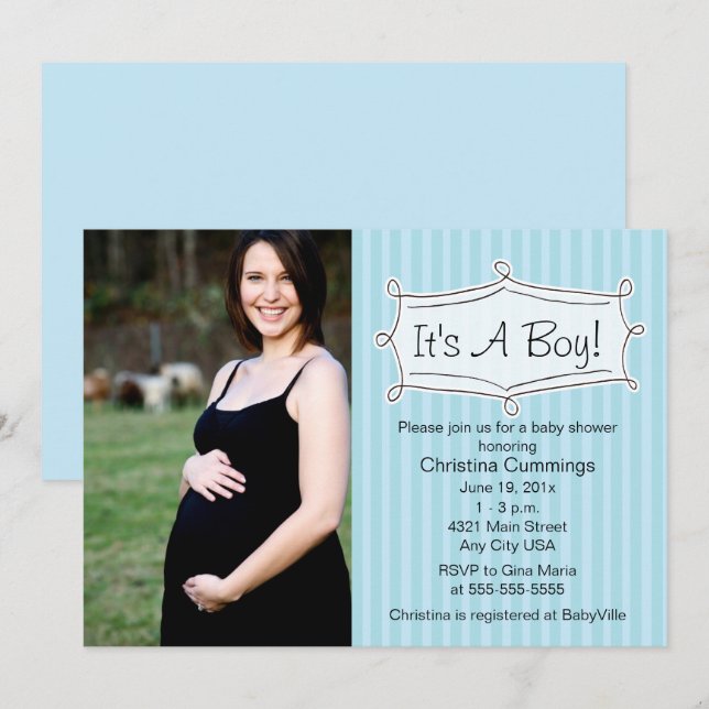 Sött Randigt Bebisbad Fotoinbjudan Inbjudningar (Fram/baksida)