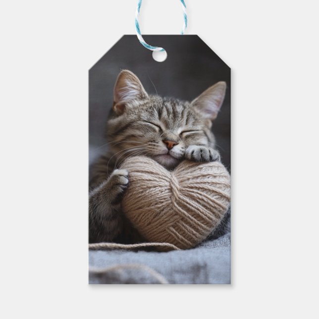 Sött randigt kattunge-garn hjärta Alla hjärtans da Presentetikett (Framsidan)