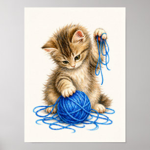 Sött randigt kattunge leker med blå garn poster