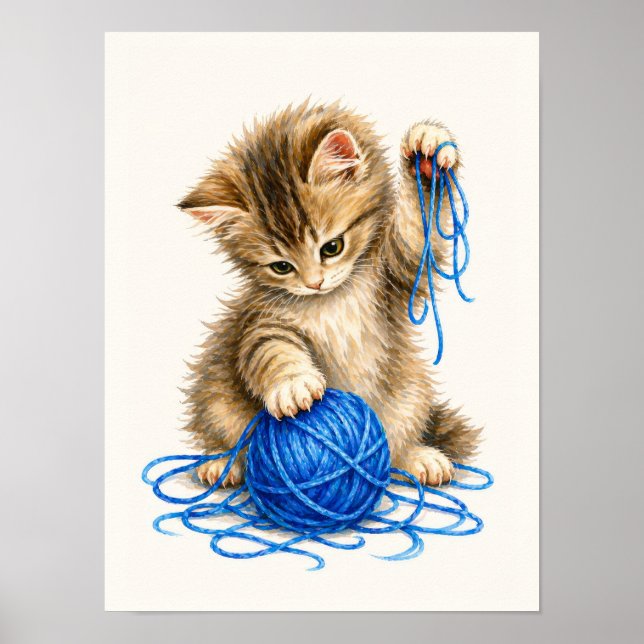 Sött randigt kattunge leker med blå garn poster (Framsidan)