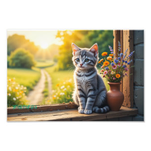 Sött randigt kattunge vid fönster med vilda blommo fototryck