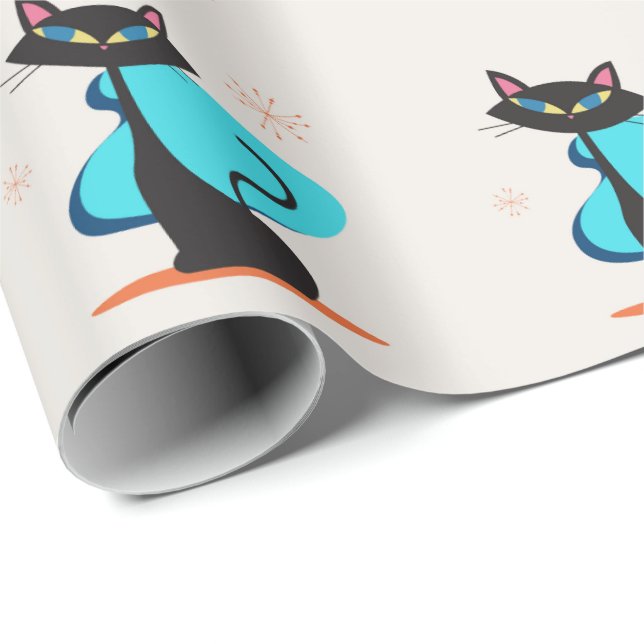 Sött Retro Atomiskt 50-tal Svart Kattmönster Presentpapper (Rullad Hörn)
