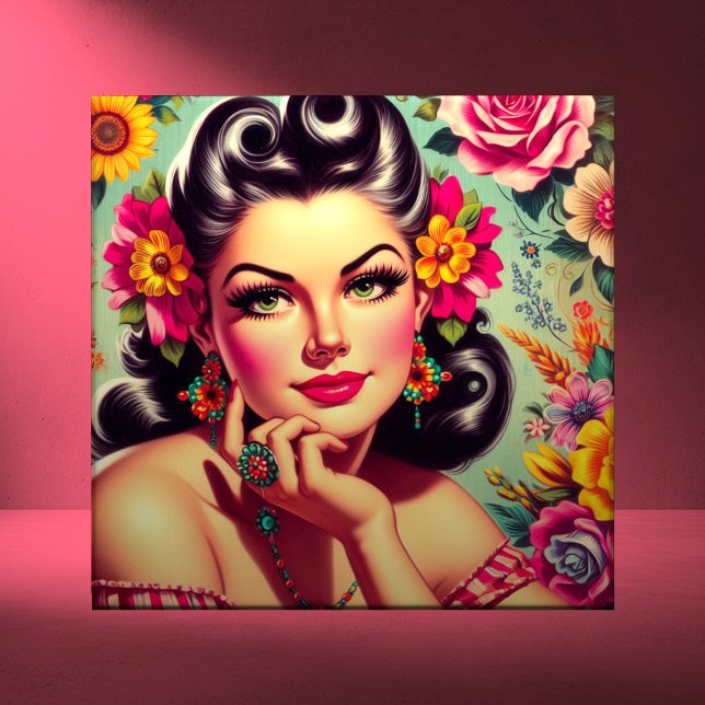 Sött retro blommigt pinup-porträtt kakelplatta (Skapare uppladdad)