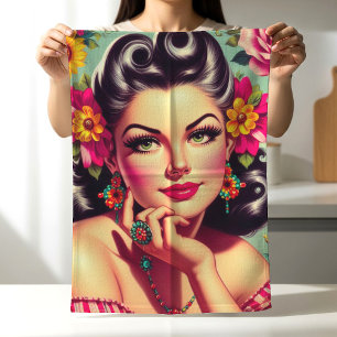Sött retro blommigt pinup-porträtt kökshandduk