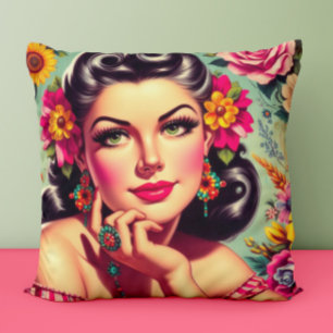 Sött retro blommigt pinup-porträtt kudde