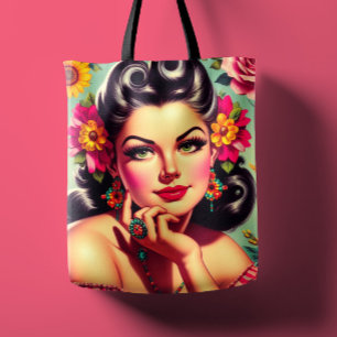 Sött retro blommigt pinup-porträtt tygkasse