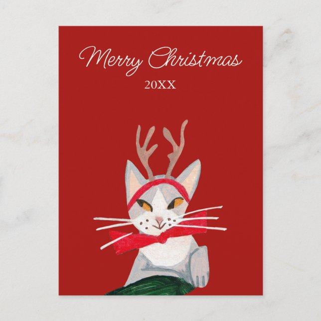 Sött retro katt röd jul helg vykort (Framsida)