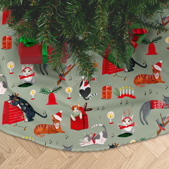 Sött retro kattälskar-mönster grönt jul julgransmatta borstad polyester (Cat Lover Tree Skirt vintage retro green)