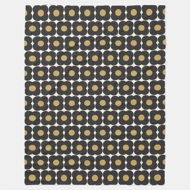Sött Retro Pop Blommönster | Svart och Guld  Fleecefilt (Framsidan)