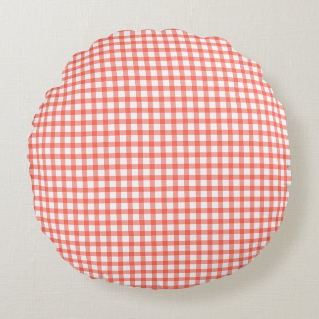 Sött retro rött gingham-rutigt mönster rund kudde (Framsidan)