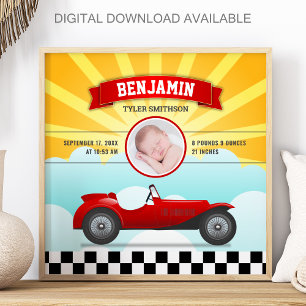 Sött Retro Rött Racerbils-Barn-Foto Födelse Statis Poster