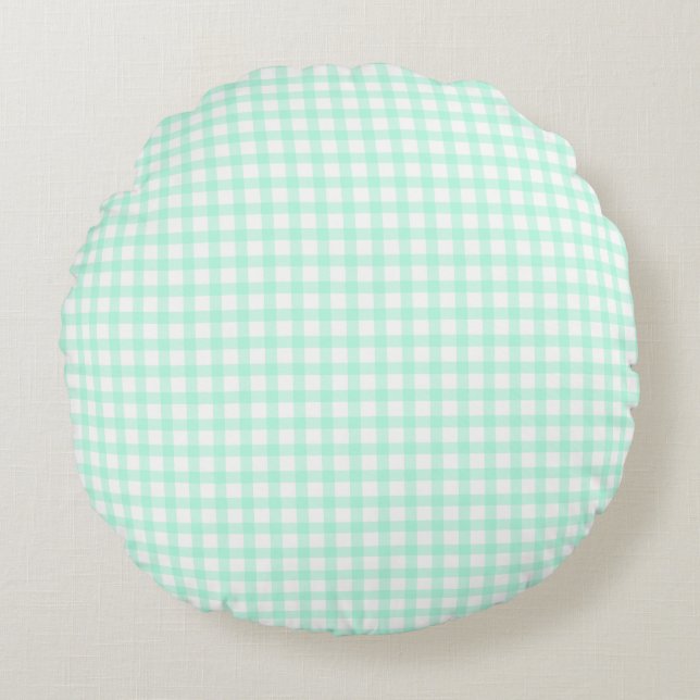 Sött retro sjögrönt gingham-rutigt mönster rund kudde (Framsidan)