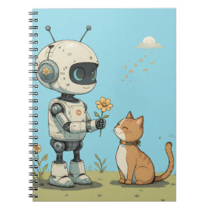Sött Robot Ger Blomma till Katt Härlig Barnkonst Anteckningsbok