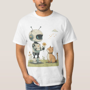 Sött Robot Ger Blomma till Katt Härlig Barnkonst T Shirt