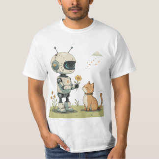 Sött Robot Ger Blomma till Katt Härlig Barnkonst T Shirt