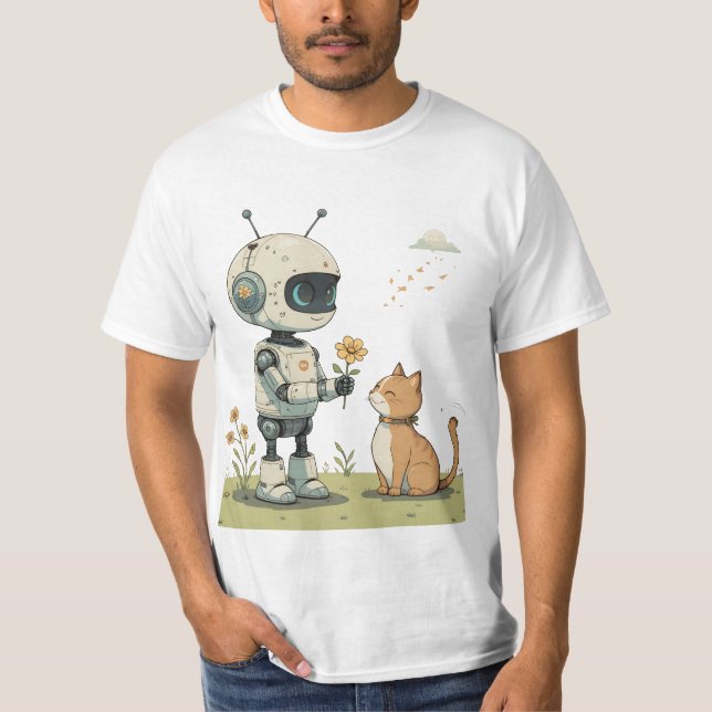 Sött Robot Ger Blomma till Katt Härlig Barnkonst T Shirt (Framsida)