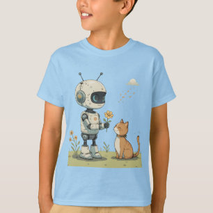 Sött Robot Ger Blomma till Katt Härlig Barnkonst T Shirt