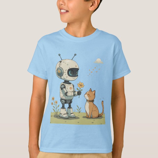 Sött Robot Ger Blomma till Katt Härlig Barnkonst T Shirt (Framsida)