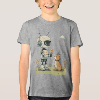 Sött Robot Ger Blomma till Katt Härlig Barnkonst T Shirt