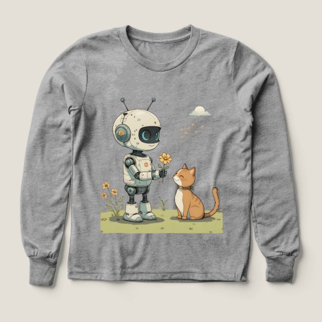 Sött Robot Ger Blomma till Katt Härlig Barnkonst T Shirt (Design framsida)