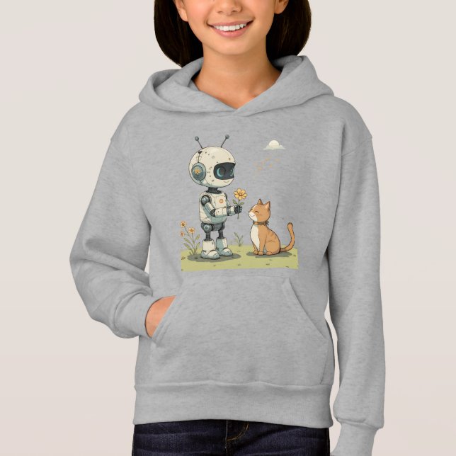 Sött Robot Ger Blomma till Katt Härlig Barnkonst T Shirt (Framsida)